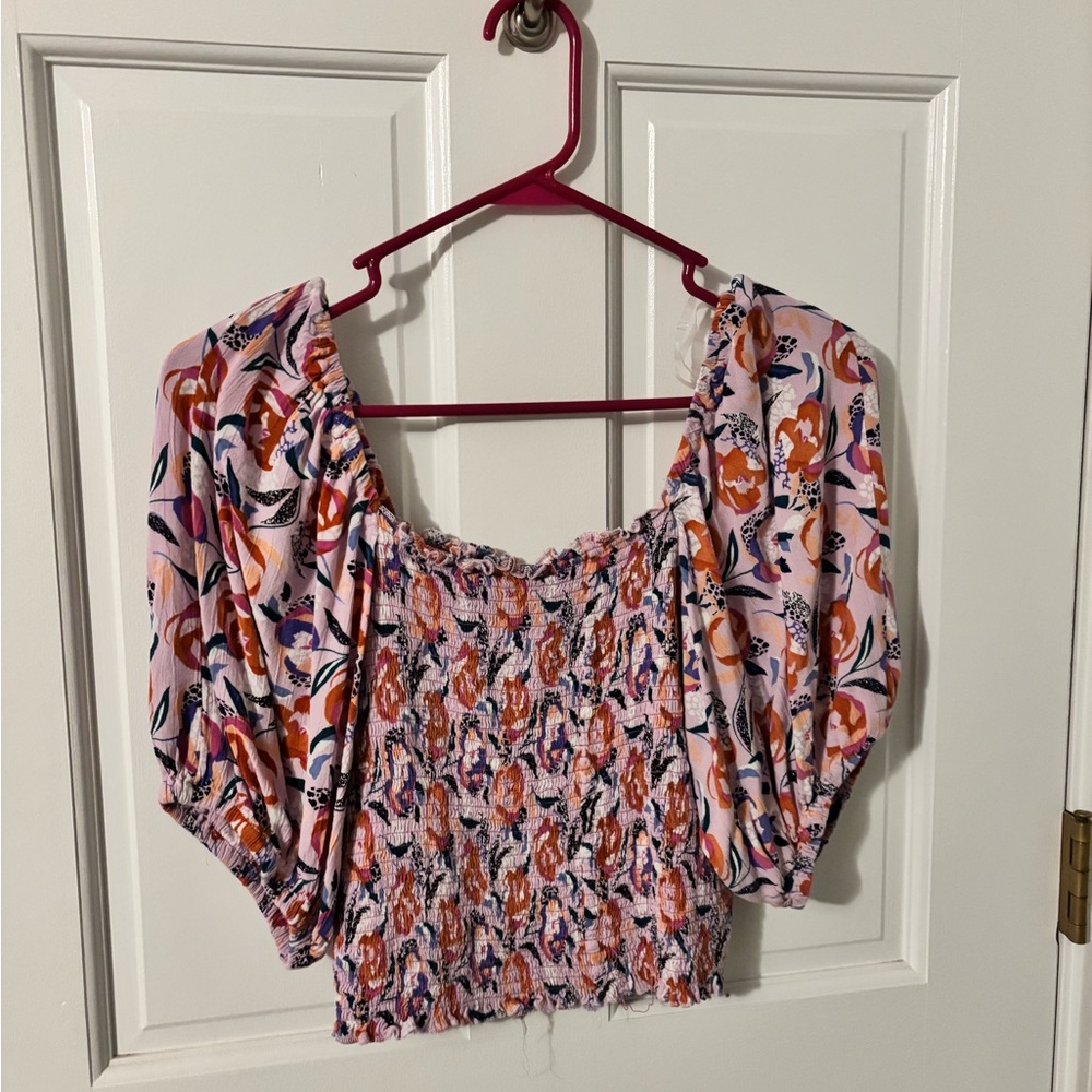 Angie Pink Floral Ruffle Top. Size M